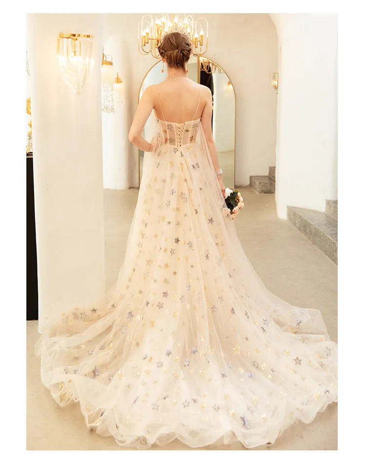 Beautiful Tulle Straps Champagne Court Train Long Formal Evening Gowns, Sweetheart Formal Dresses