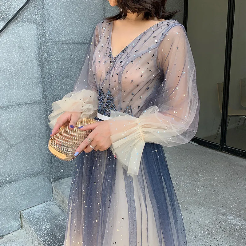 Beautiful V-neckline Long Puffy Sleeves Gradient Party Dress, Long Shiny Prom Dress Formal Dresses