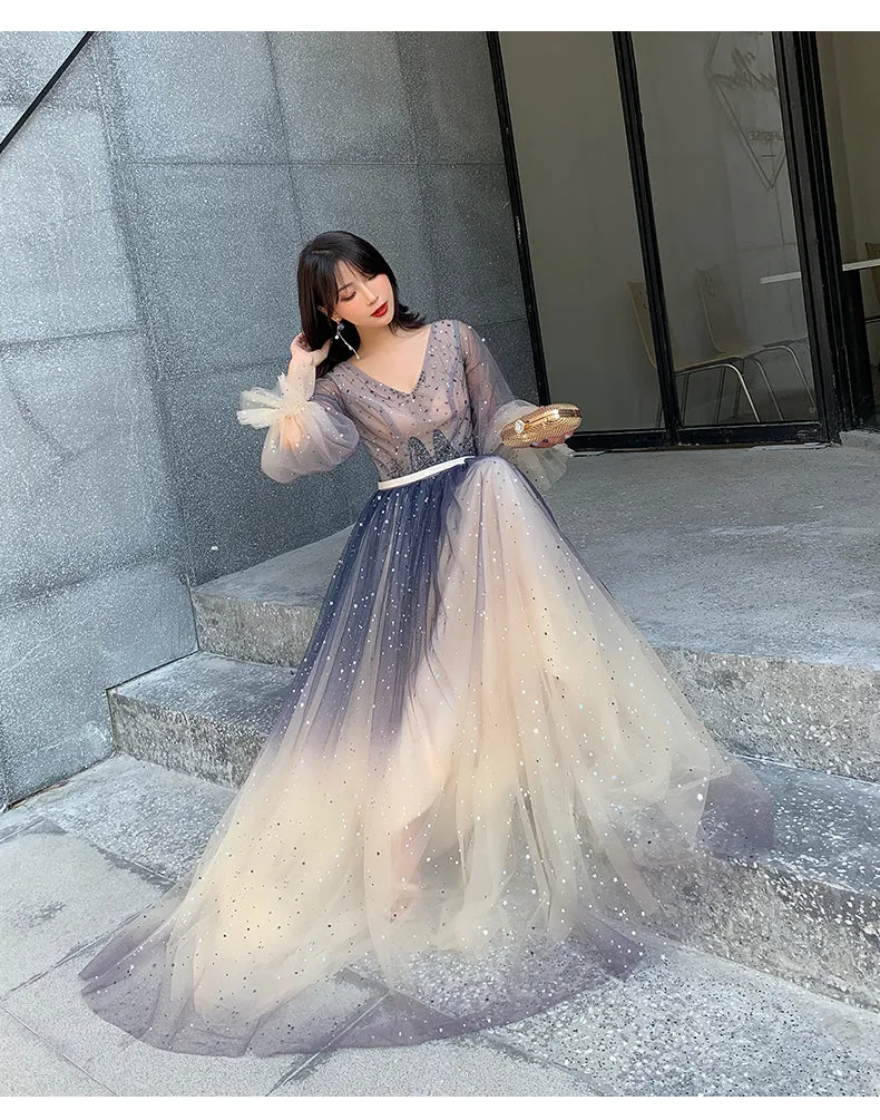 Beautiful V-neckline Long Puffy Sleeves Gradient Party Dress, Long Shiny Prom Dress Formal Dresses