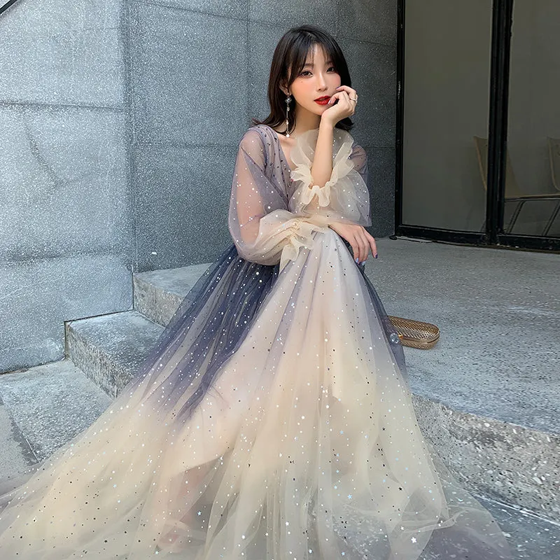 Beautiful V-neckline Long Puffy Sleeves Gradient Party Dress, Long Shiny Prom Dress Formal Dresses