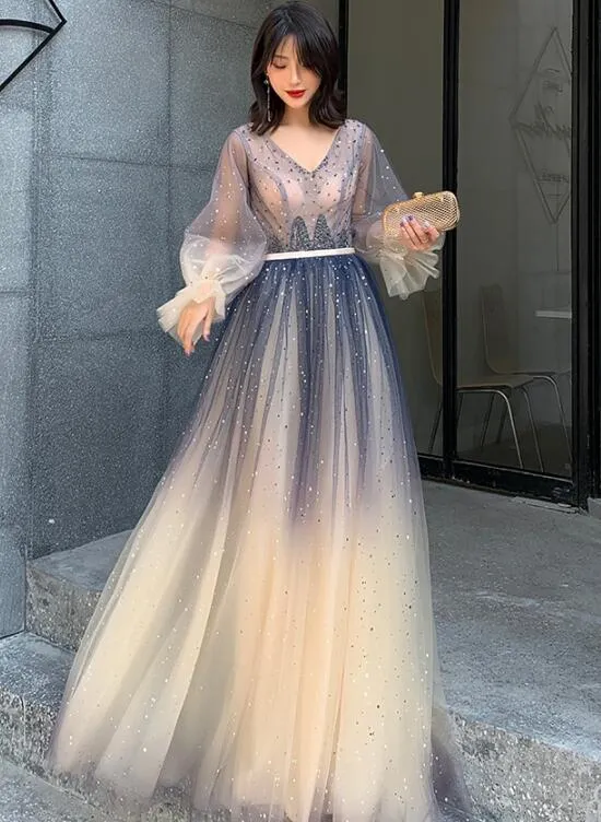 Beautiful V-neckline Long Puffy Sleeves Gradient Party Dress, Long Shiny Prom Dress Formal Dresses