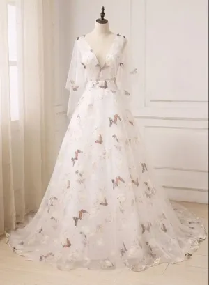 Beautiful V-neckline Long Tulle Prom Dress, A-line Floral Party Dress