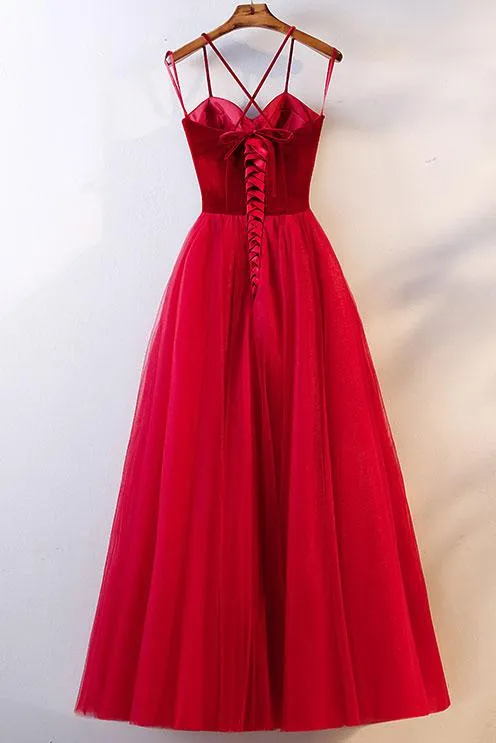 Beautiful Velvet Straps and Tulle Long Formal Dress, Red Party Gown