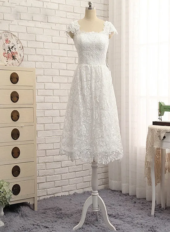Beautiful White Lace Cap Sleeves Tea Length Party Dress, White Formal Dress