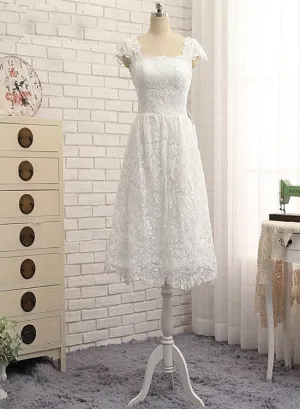 Beautiful White Lace Cap Sleeves Tea Length Party Dress, White Formal Dress