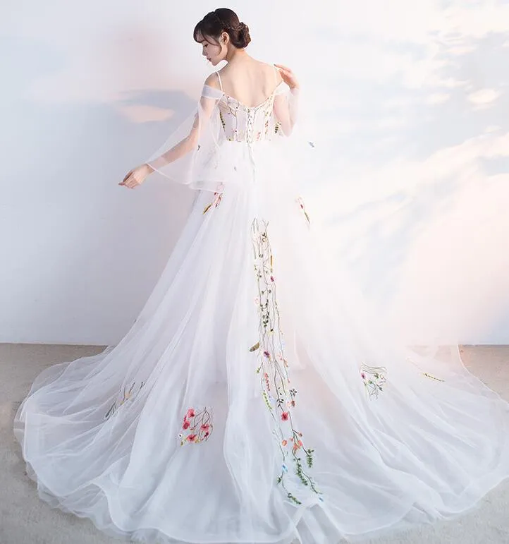 Beautiful White Tulle Long Party Dress with Flower Lace Applique, White Evening Gown