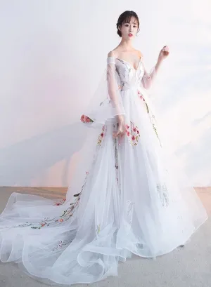 Beautiful White Tulle Long Party Dress with Flower Lace Applique, White Evening Gown