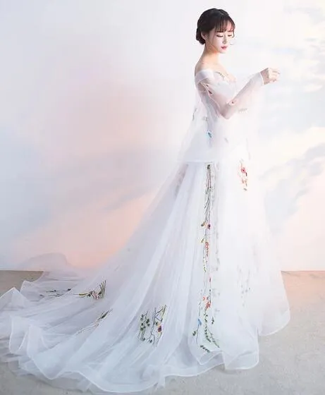 Beautiful White Tulle Long Party Dress with Flower Lace Applique, White Evening Gown