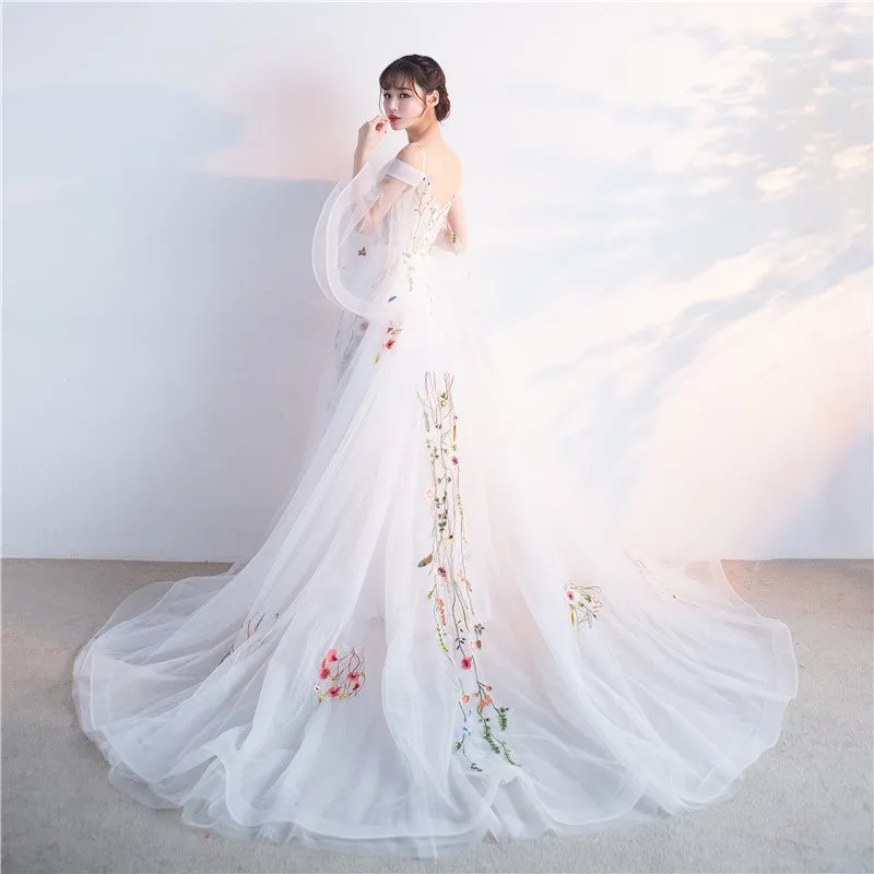 Beautiful White Tulle Long Party Dress with Flower Lace Applique, White Evening Gown