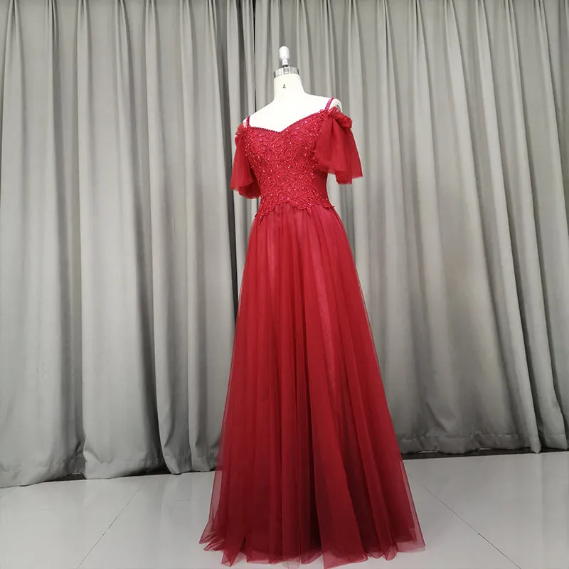 Beautiful Wine Red Tulle A-line Party Dress, Long Lace Applique Party Dress