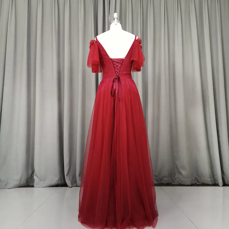 Beautiful Wine Red Tulle A-line Party Dress, Long Lace Applique Party Dress