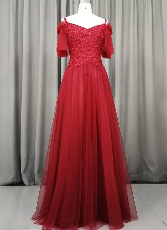 Beautiful Wine Red Tulle A-line Party Dress, Long Lace Applique Party Dress