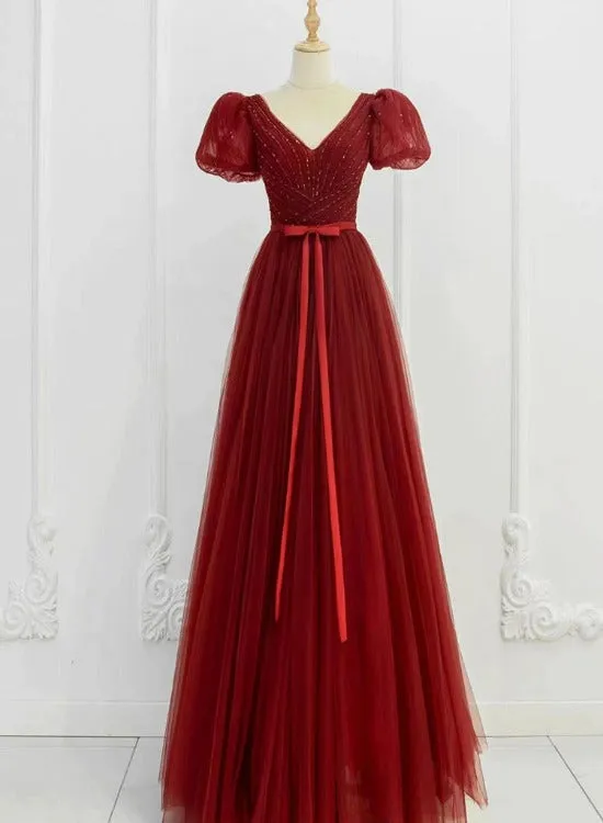 Beautiful Wine Red Tulle Sweetheart Long Party Dresses, Dark Red Evening Gown Prom Dress