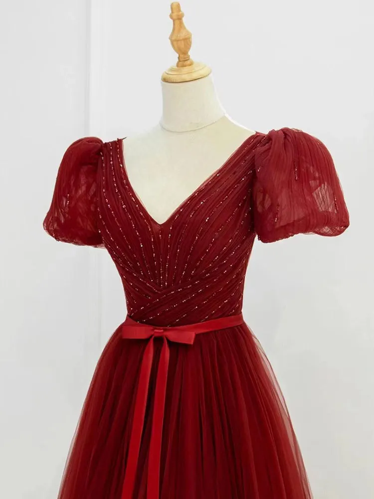 Beautiful Wine Red Tulle Sweetheart Long Party Dresses, Dark Red Evening Gown Prom Dress