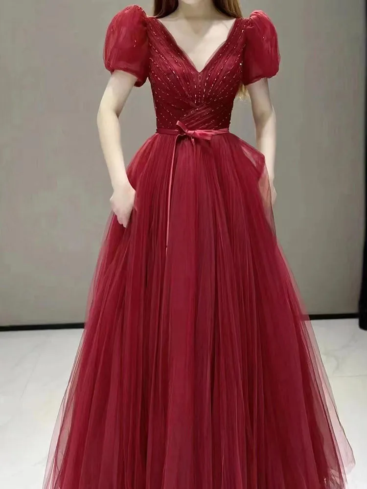 Beautiful Wine Red Tulle Sweetheart Long Party Dresses, Dark Red Evening Gown Prom Dress
