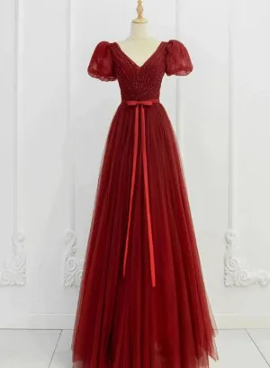 Beautiful Wine Red Tulle Sweetheart Long Party Dresses, Dark Red Evening Gown Prom Dress