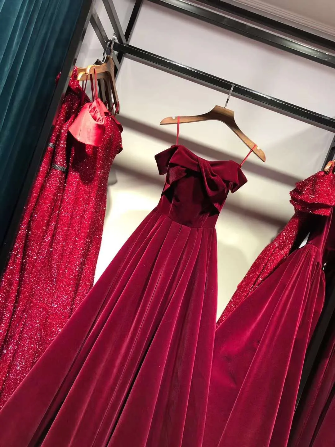 Beautiful Wine Red Velvet Off Shoulder New Style Evening Dress, Pretty Party Dress