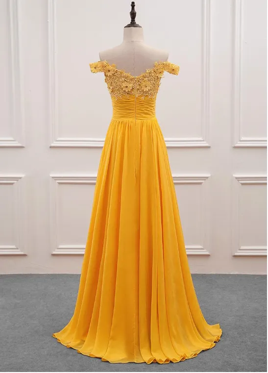 Beautiful Yellow Chiffon and Lace Off Shoulder Long Party Dress, A-line Evening Dresses