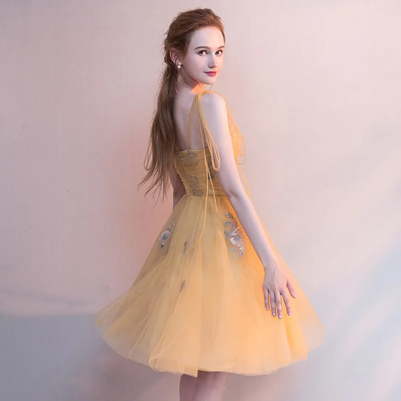 Beautiful Yellow Tulle with Lace Applique Short Party Dress, Yellow Homecoming Dresses