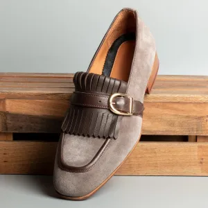 Beige Italian Suede Leather Lysandra Tassel Loafers With Monk Strap - Loafers Shoes