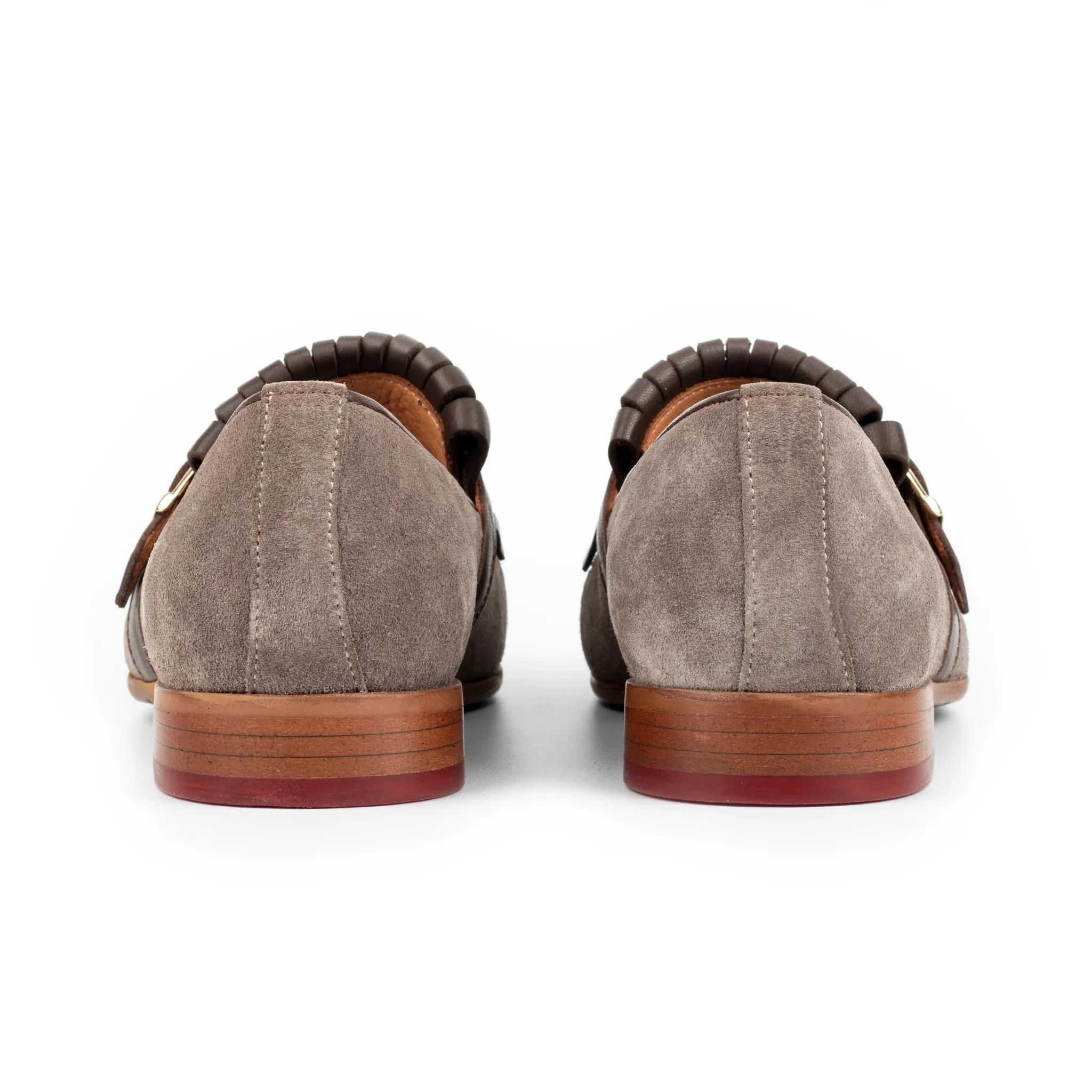 Beige Italian Suede Leather Lysandra Tassel Loafers With Monk Strap - Loafers Shoes