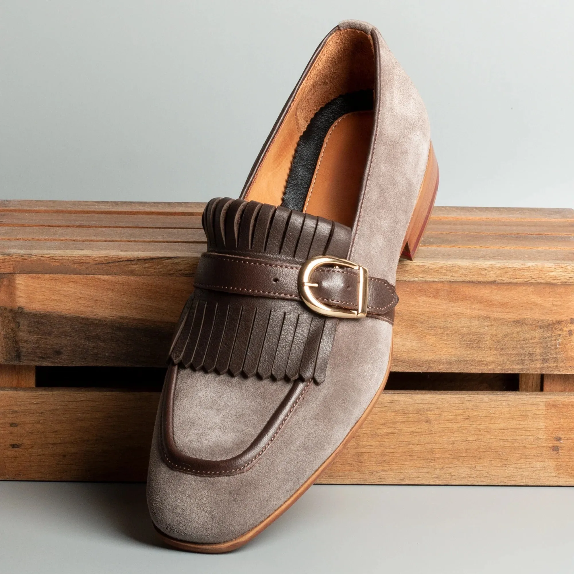 Beige Italian Suede Leather Lysandra Tassel Loafers With Monk Strap - Loafers Shoes
