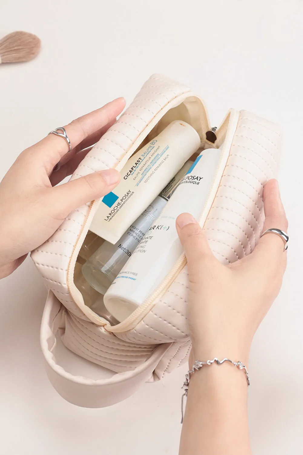 Beige Stitching PU Leather Round Zipped Side Handle Makeup Bag