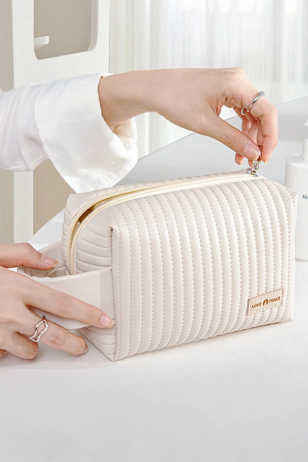 Beige Stitching PU Leather Round Zipped Side Handle Makeup Bag