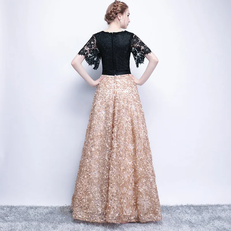 Black and Champagne Lace A-line Long Evening Dress Party Dress, Simple Bridesmaid Dresses