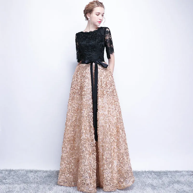 Black and Champagne Lace A-line Long Evening Dress Party Dress, Simple Bridesmaid Dresses