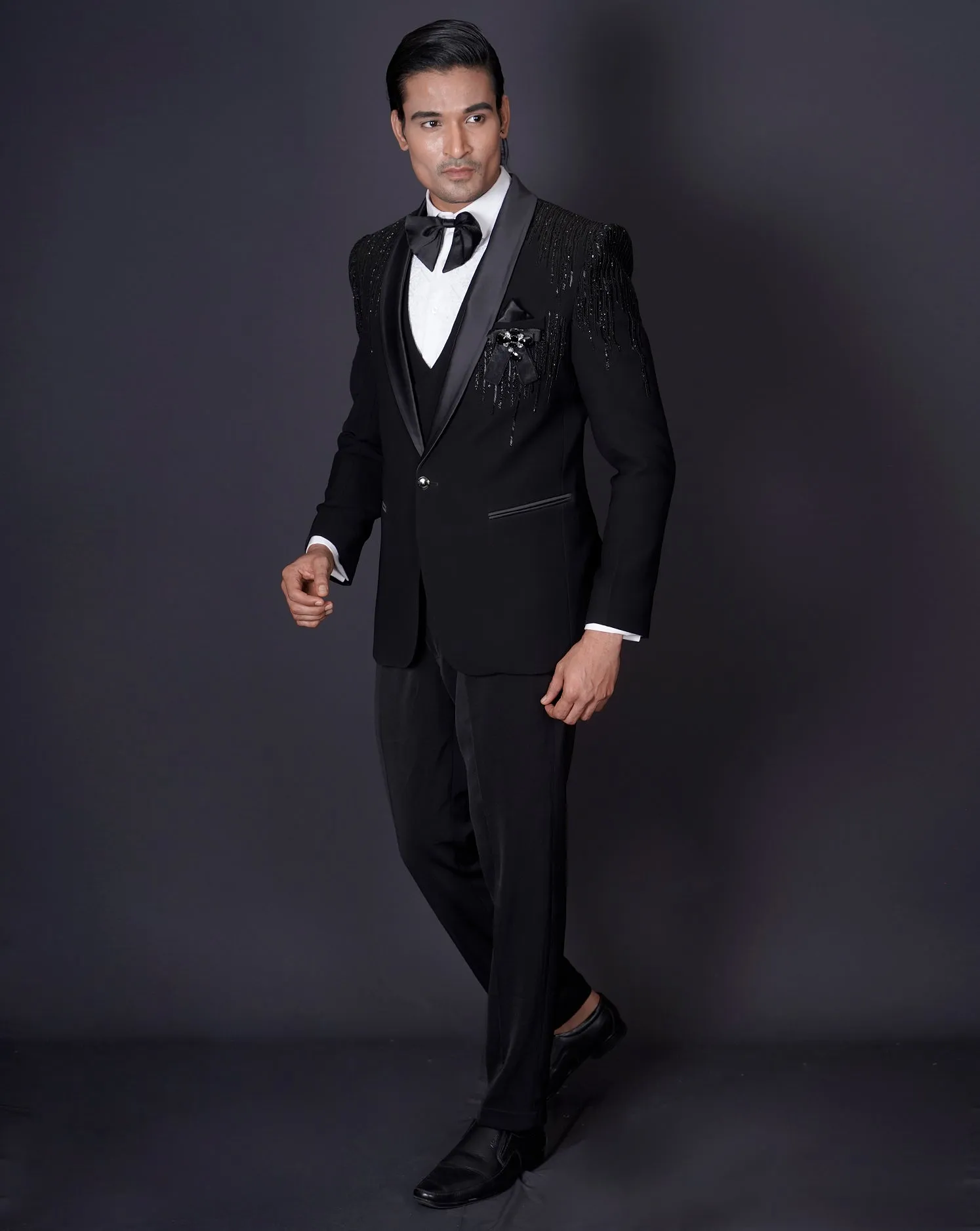 Black Embroidered Tuxedo Set