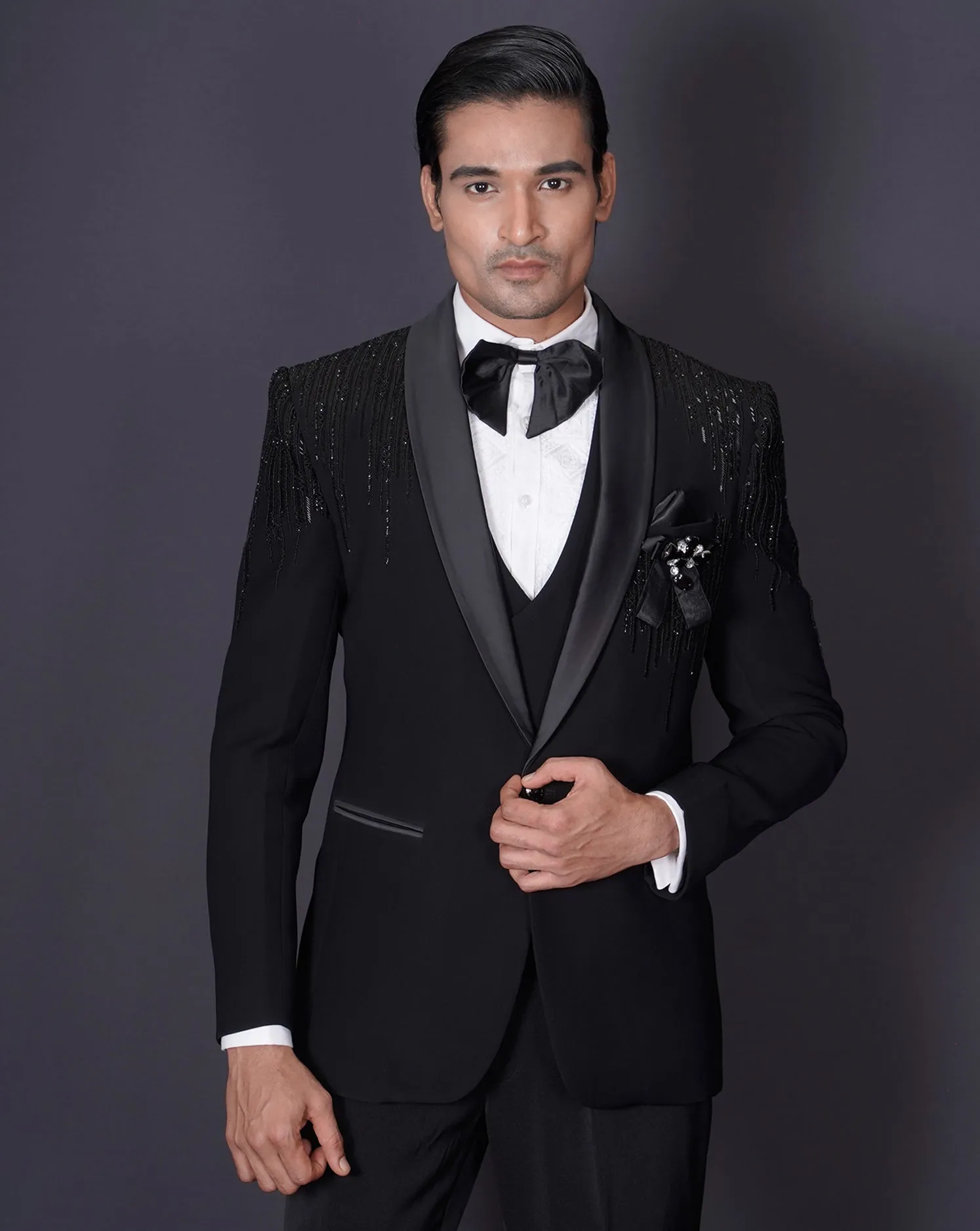 Black Embroidered Tuxedo Set