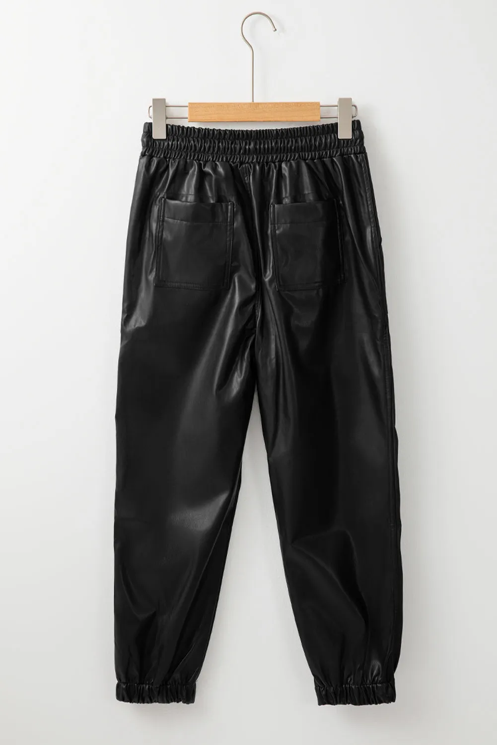 Black Faux Leather Ankle Smocked Waist Drawstring Joggers