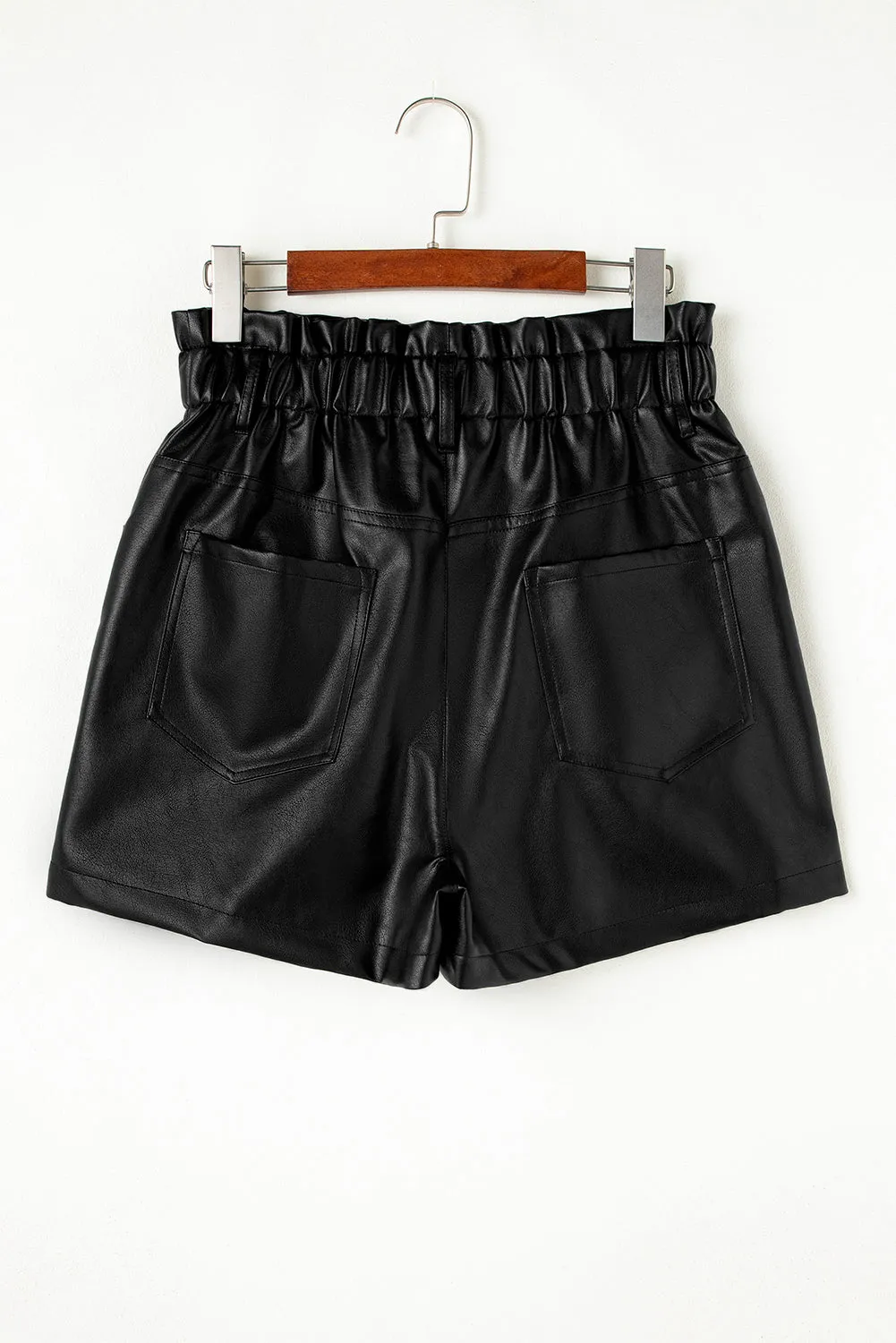 Black Faux Leather Paper Bag Waist High Rise Shorts