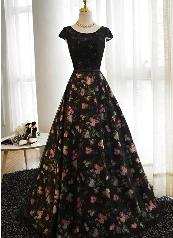 Black Floral Tulle Long Party Gown, Charming Prom Dress , Party Dress
