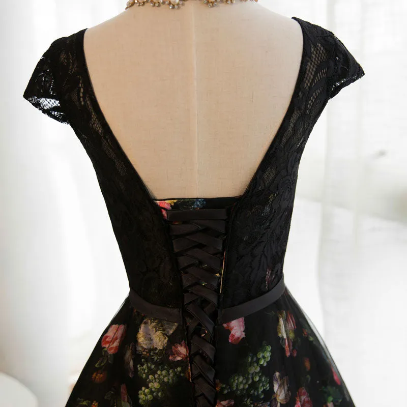 Black Floral Tulle Long Party Gown, Charming Prom Dress , Party Dress