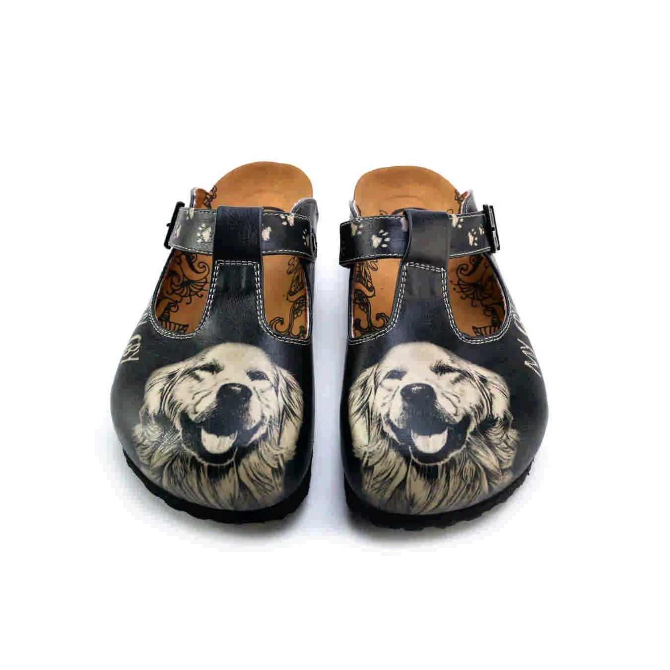 Black Golden Retriever T-Strap Clogs -  CAL1510