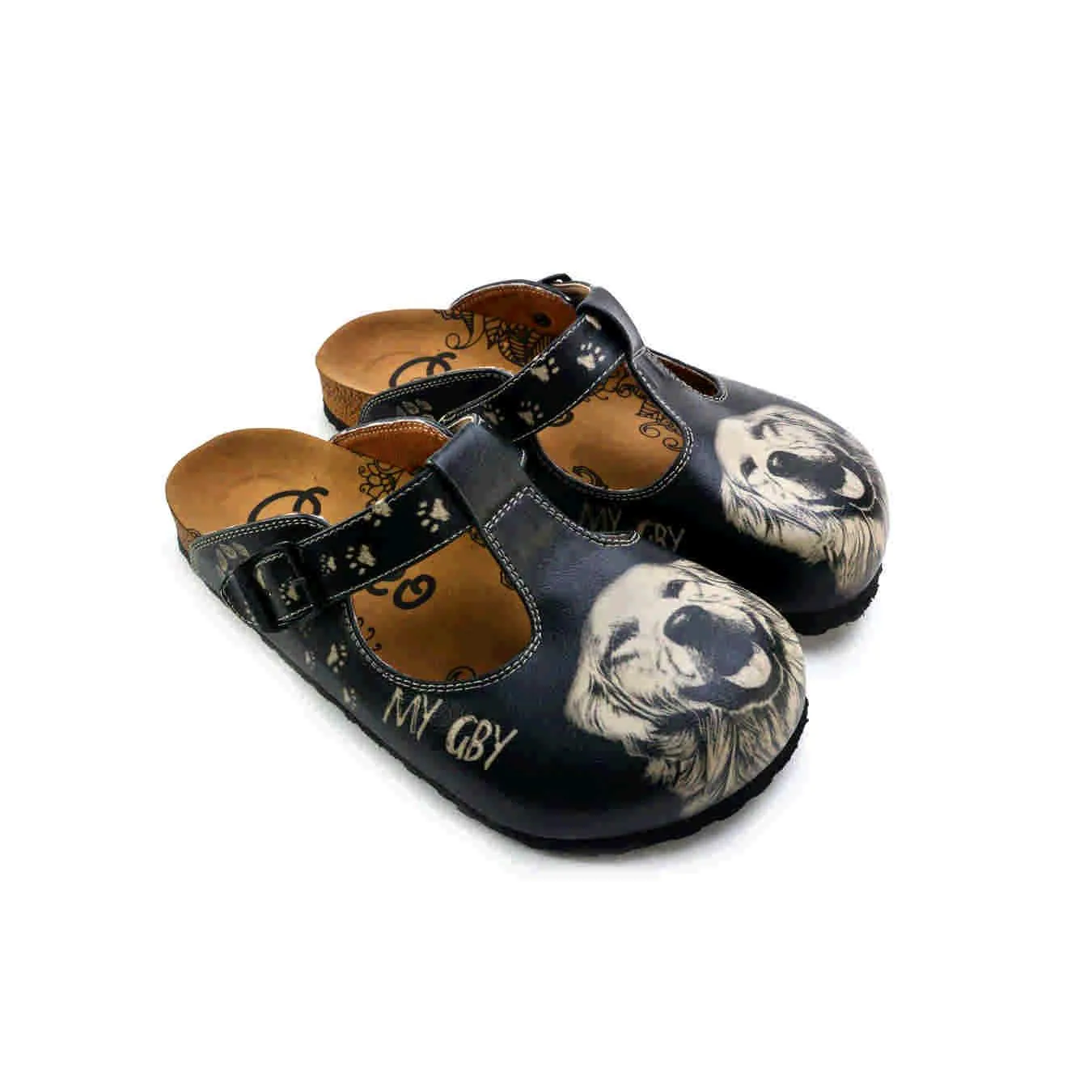 Black Golden Retriever T-Strap Clogs -  CAL1510