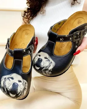 Black Golden Retriever T-Strap Clogs -  CAL1510