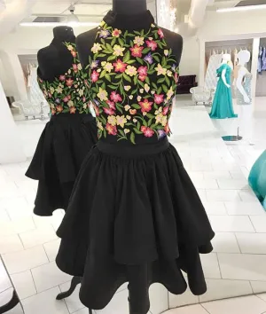 Black High Neck Two Pieces Applique Short Prom Dress