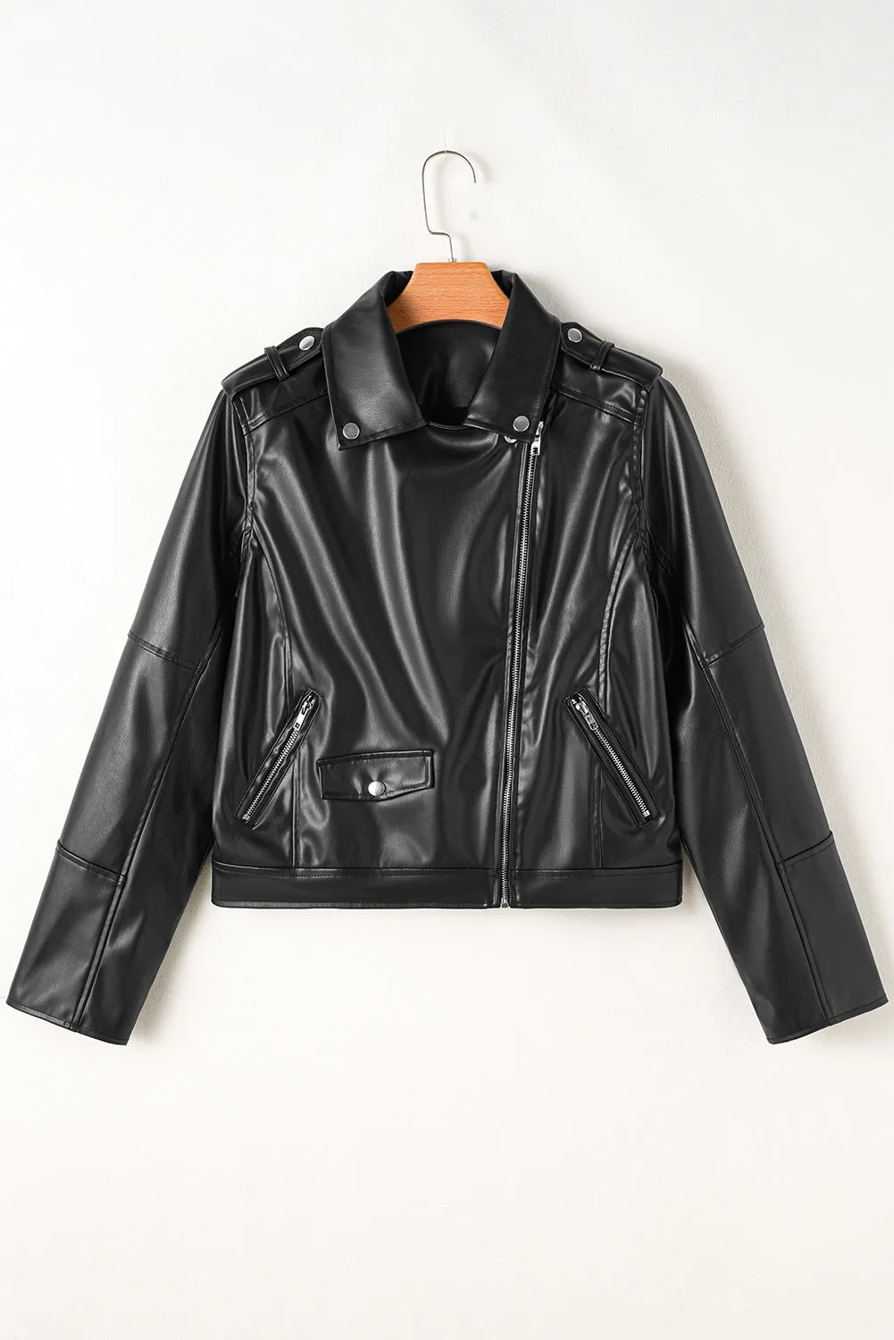 Black PU Leather Lapel Collar Zipper Jacket