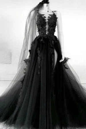 Black round neck tulle lace long prom dress black tulle formal dress