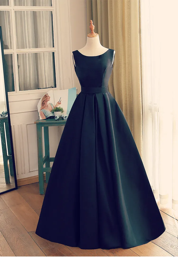 Black Round Neckline Satin Long Party Dress, A-line Floor Length Evening Dress Prom Dress