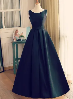 Black Round Neckline Satin Long Party Dress, A-line Floor Length Evening Dress Prom Dress