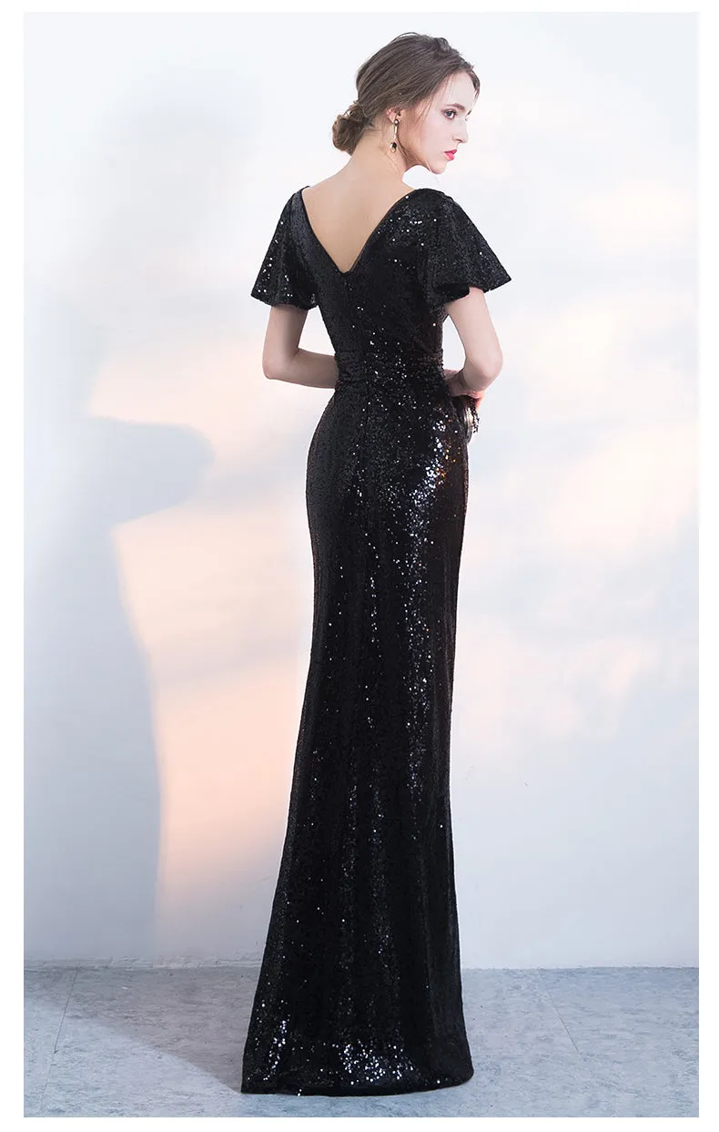 Black Sequins Cap Sleeves Long V-neckline Bridesmaid Dress, Sequins Junior Prom Dress