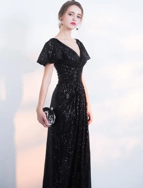 Black Sequins Cap Sleeves Long V-neckline Bridesmaid Dress, Sequins Junior Prom Dress