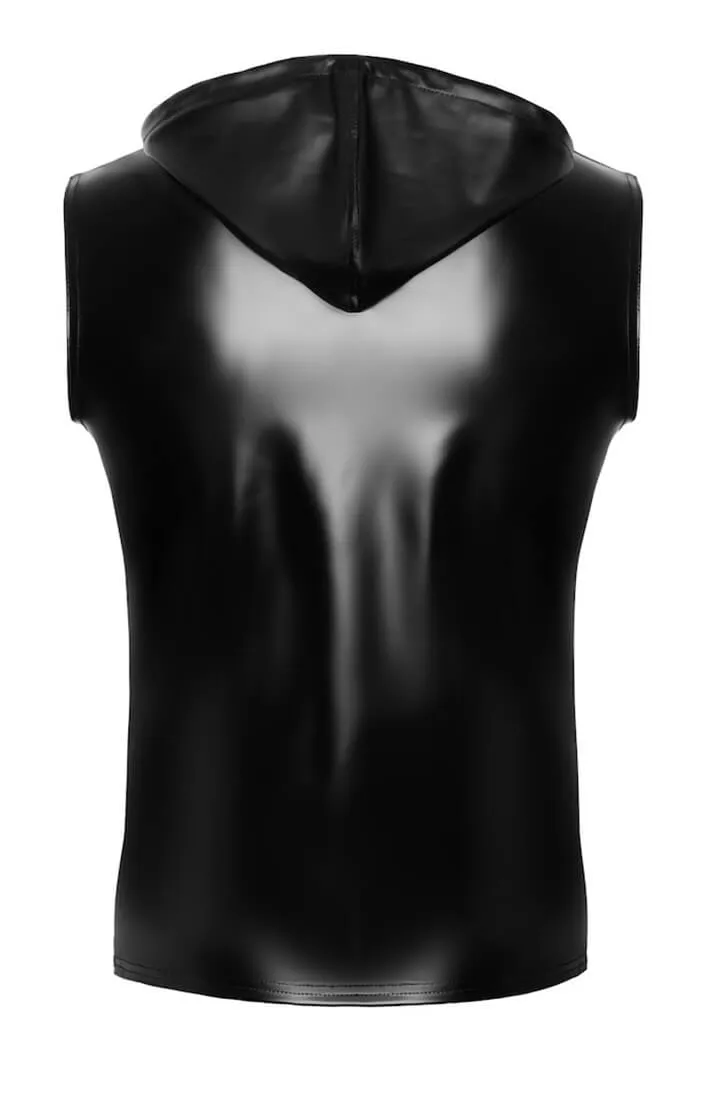 Black Sleeveless wet look Hoodie - Dark Command
