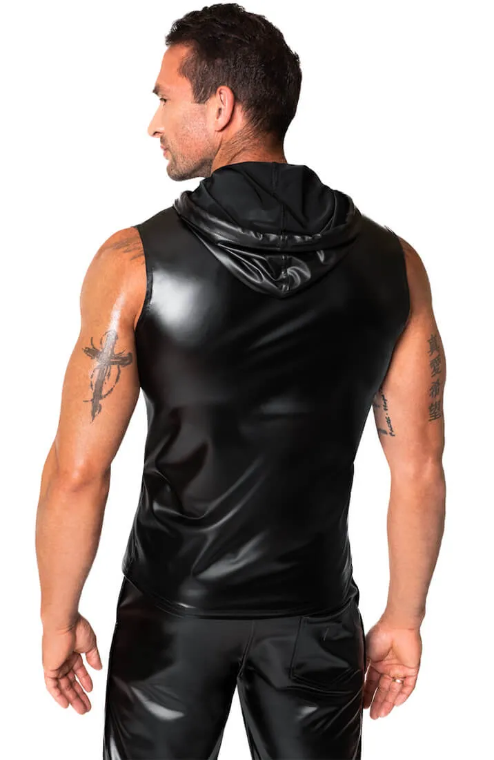 Black Sleeveless wet look Hoodie - Dark Command