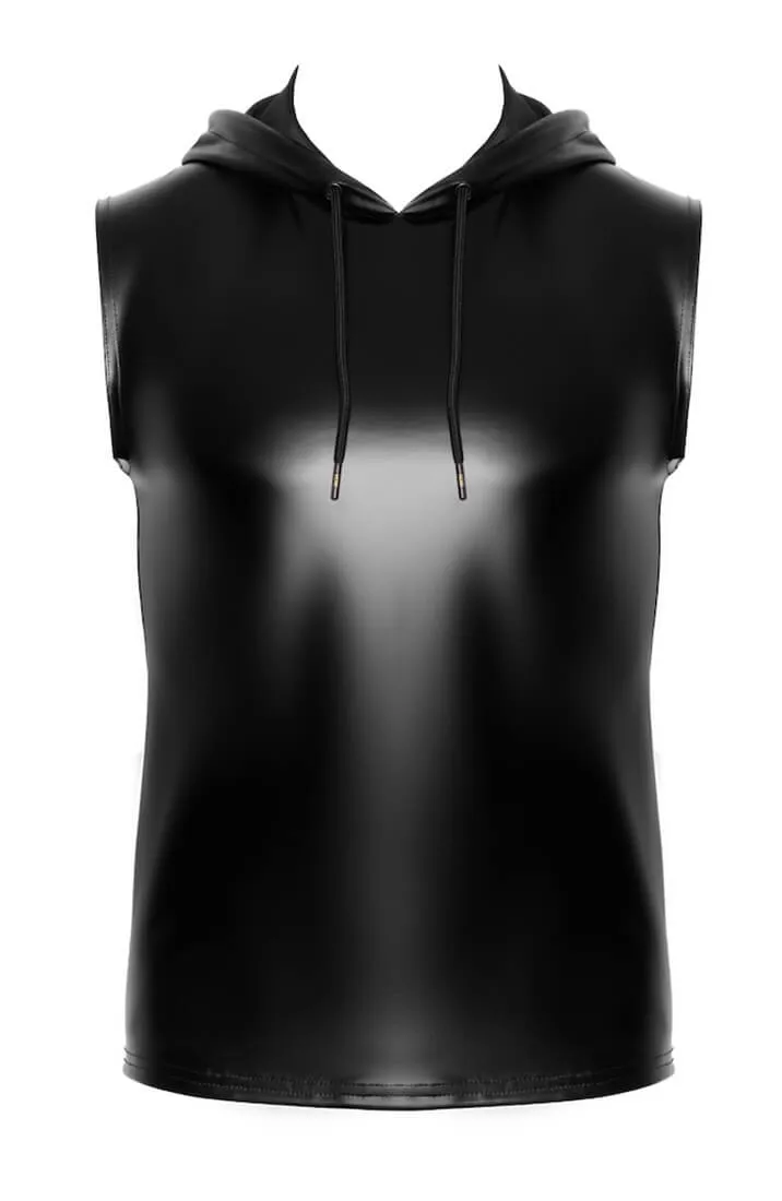 Black Sleeveless wet look Hoodie - Dark Command