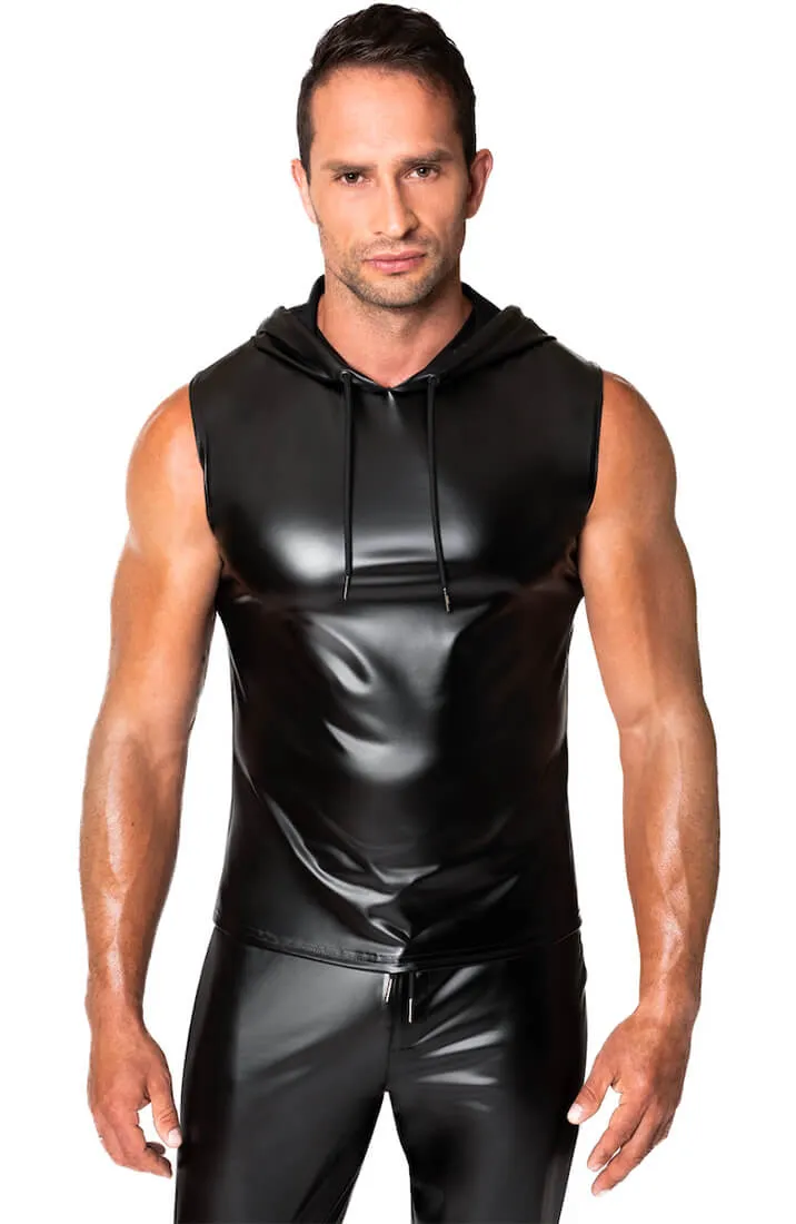 Black Sleeveless wet look Hoodie - Dark Command